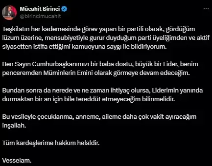 'Kesin ihraç' talebiyle disipline sevk edilen Mücahit Birinci, AK Parti'den istifa etti