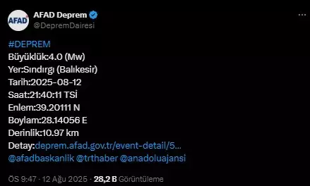 Balıkesir'de 4 büyüklüğünde deprem