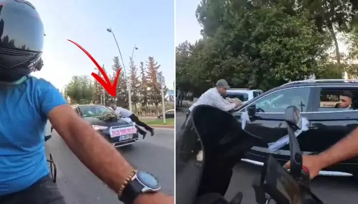 Gelin arabasından bahşiş alabilmek için kaputa atladı