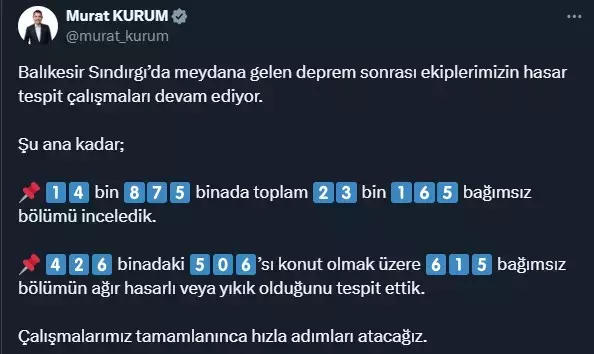 Murat Kurum açıkladı! İşte Balıkesir depreminin bilançosu