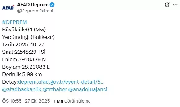 Balıkesir Sındırgı'da 6.1 büyüklüğünde deprem